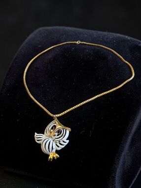 Vintage JJ Owl Pendant Necklace – Gold Tone & Enamel Signed JJ